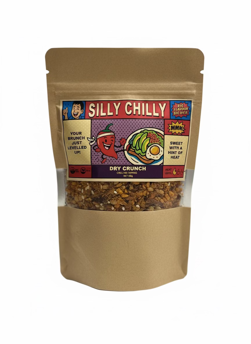 Kraft paper packaging of 'Silly Chilly' with visible text and graphics on a white background